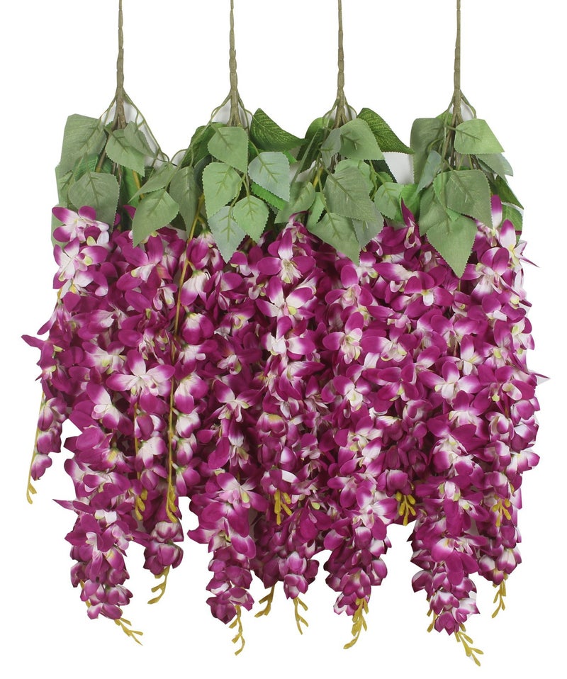 Duovlo Silk Wisteria Flower Artificial 2.13 Feet Hanging Wisteria Vine Fake Flower Bush String Home Party Wedding Decoration,Pack of 4 (Dark Purple) - Image 1